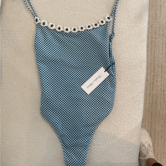 Frankie's Bikinis Other - Frankie's Bikinis Blue Checkered Bodysuit with White Floral Accents